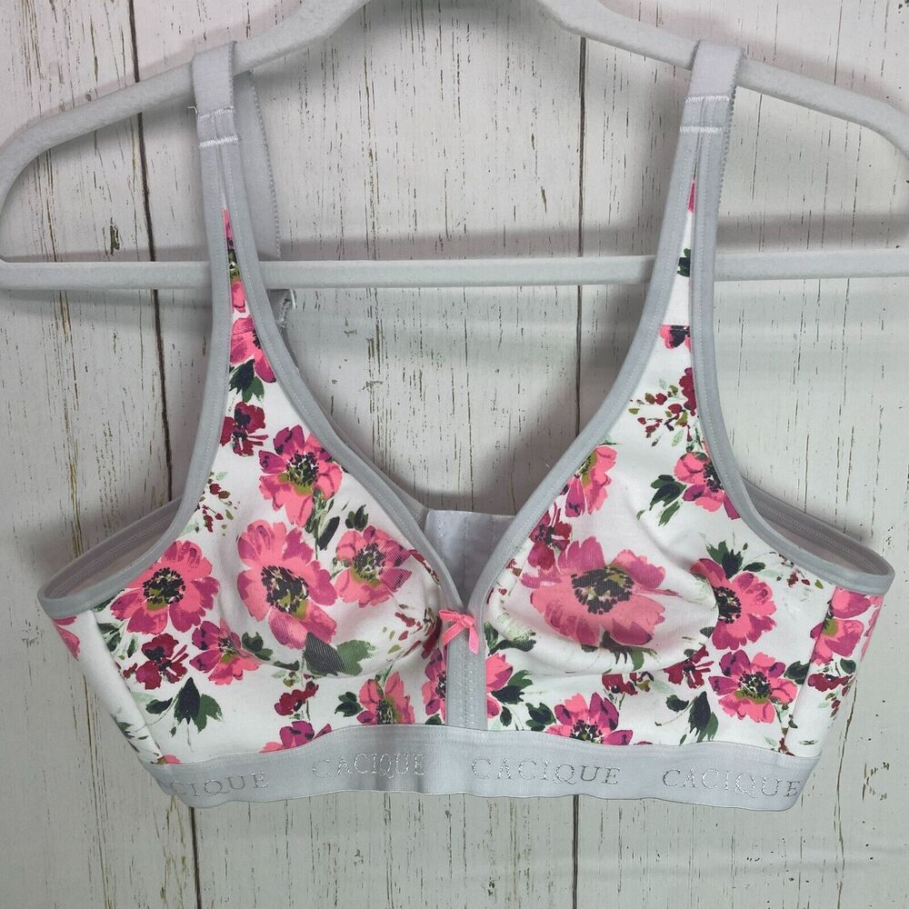 Cacique Womens Unlined Full Coverage No Wire Wireless Bra White Floral Size 40C